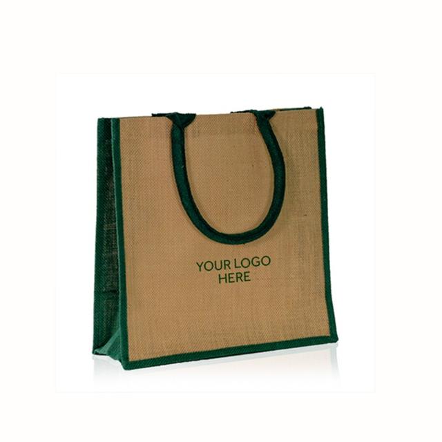 Printed Natural Jute Bags with Green Trim